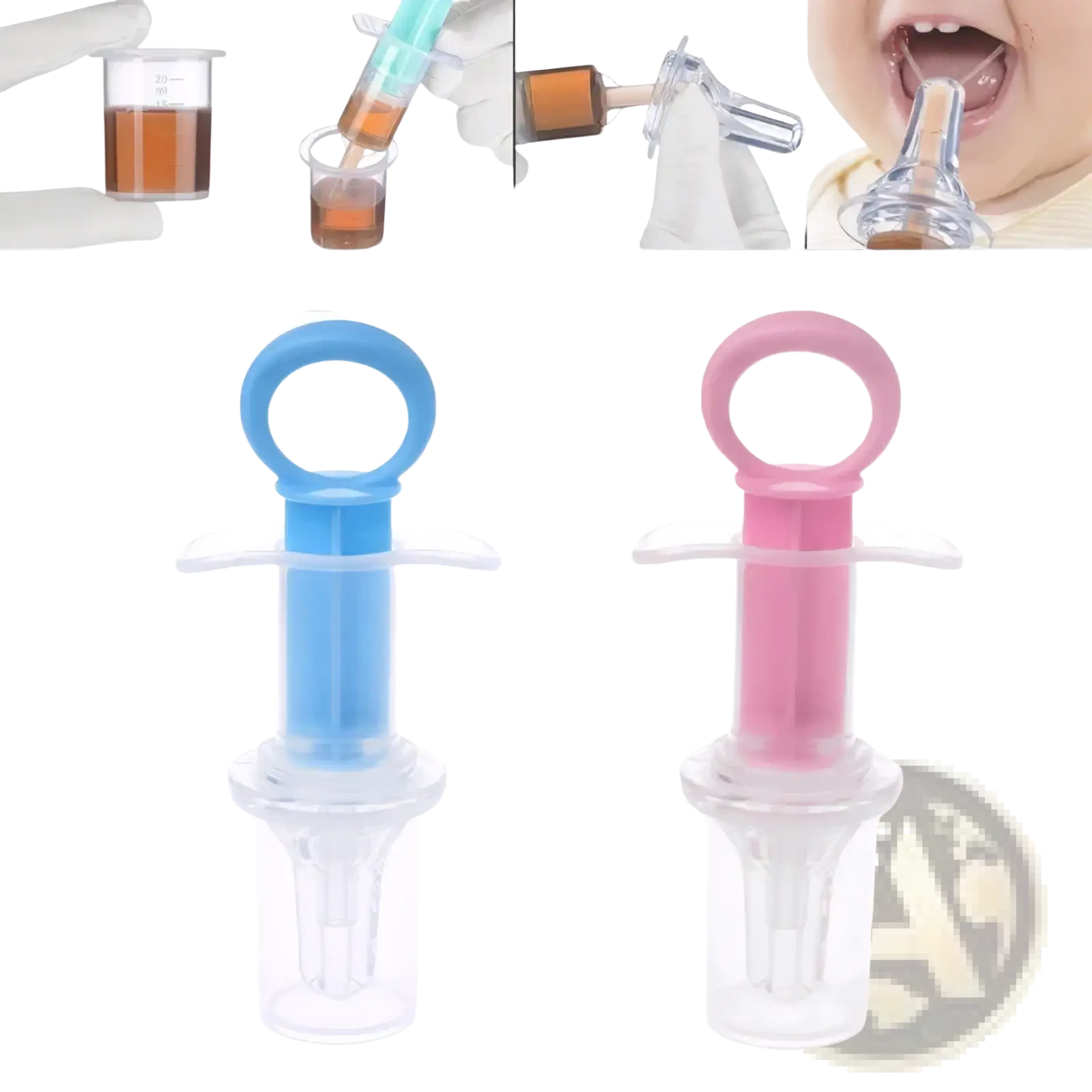 Blue and pink baby medicine dispenser syringe droppers with clear plastic bodies and ring handles for precise dosing