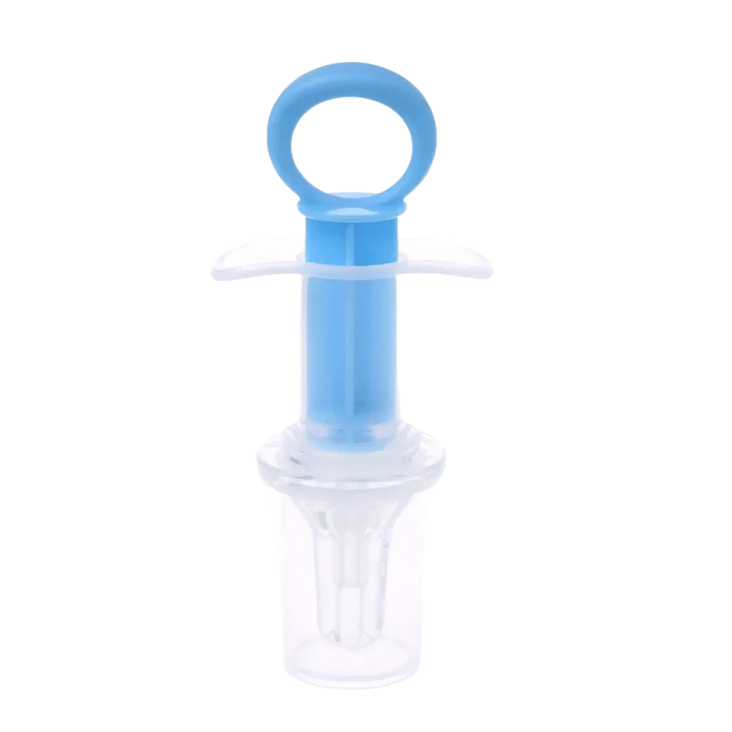 Baby medicine dispenser syringe dropper in blue plastic with a clear transparent base and handle for accurate dosing