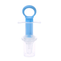 Baby medicine dispenser syringe dropper in blue plastic with a clear transparent base and handle for accurate dosing
