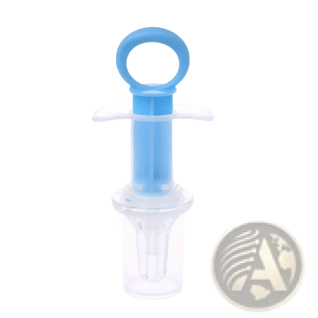 Baby medicine dispenser syringe dropper in blue plastic with a clear transparent base and handle for accurate dosing