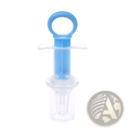 Baby medicine dispenser syringe dropper in blue plastic with a clear transparent base and handle for accurate dosing