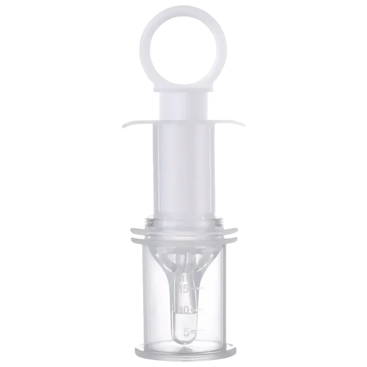 Clear plastic baby medicine dispenser syringe dropper with white handle and measurement markings for accurate dosing