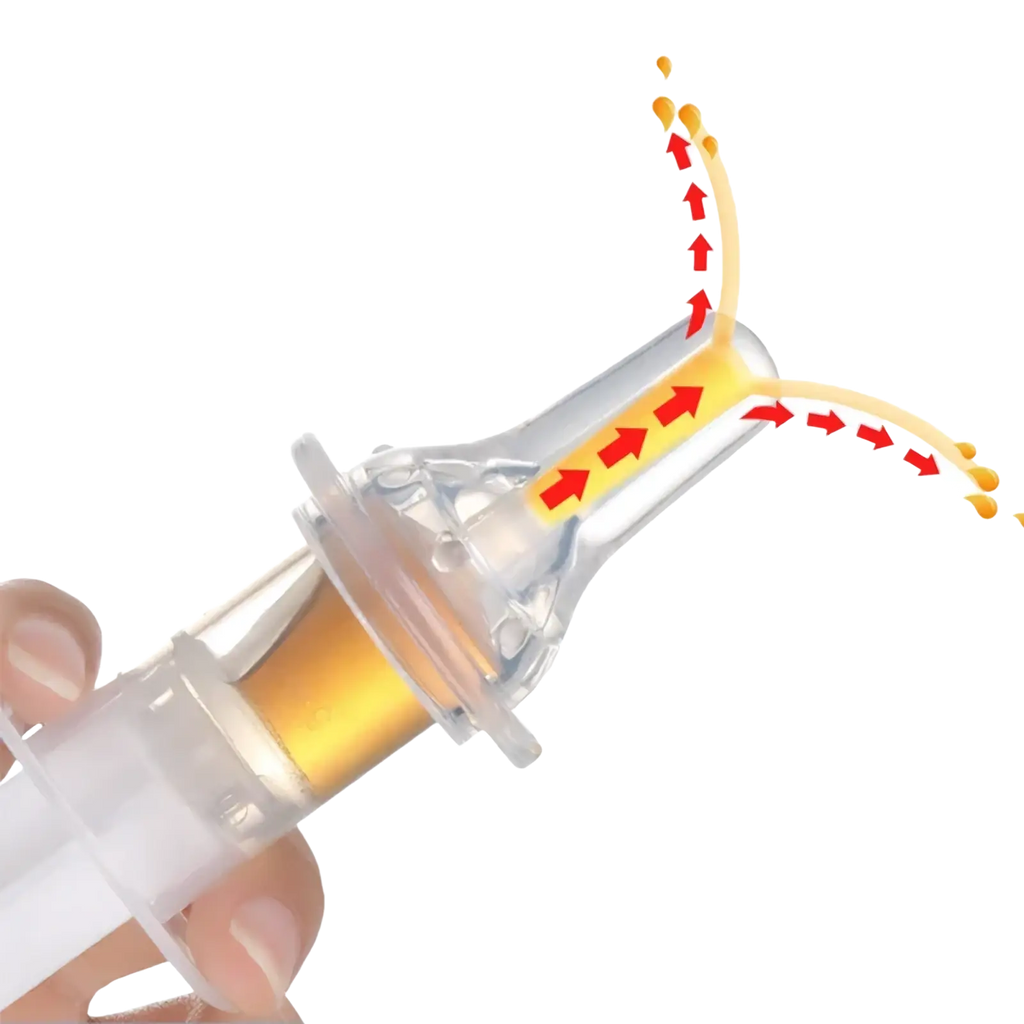 Clear plastic baby medicine dispenser syringe dropper with transparent barrel and yellow liquid with red flow arrows
