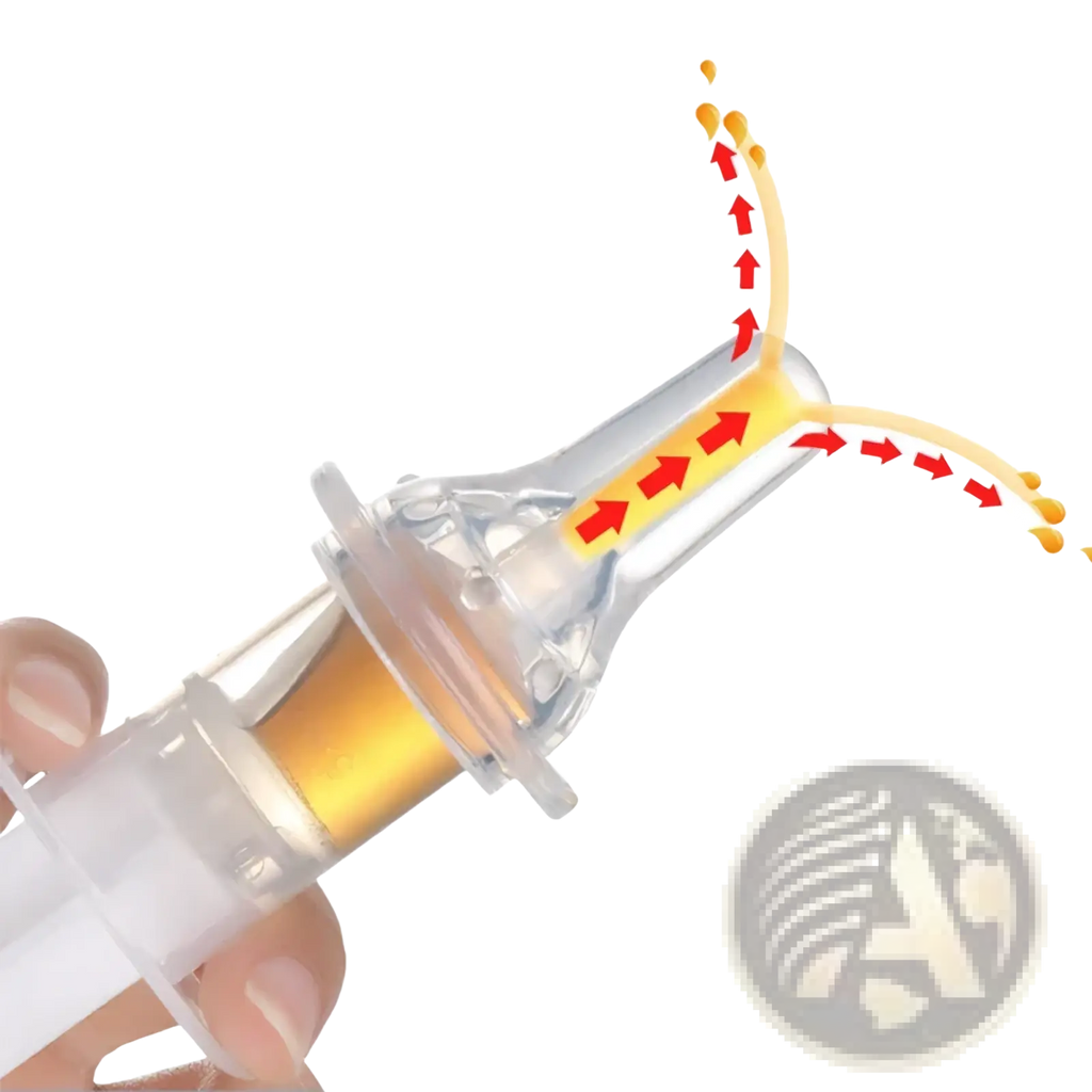 Clear plastic baby medicine dispenser syringe dropper with transparent barrel and yellow liquid with red flow arrows
