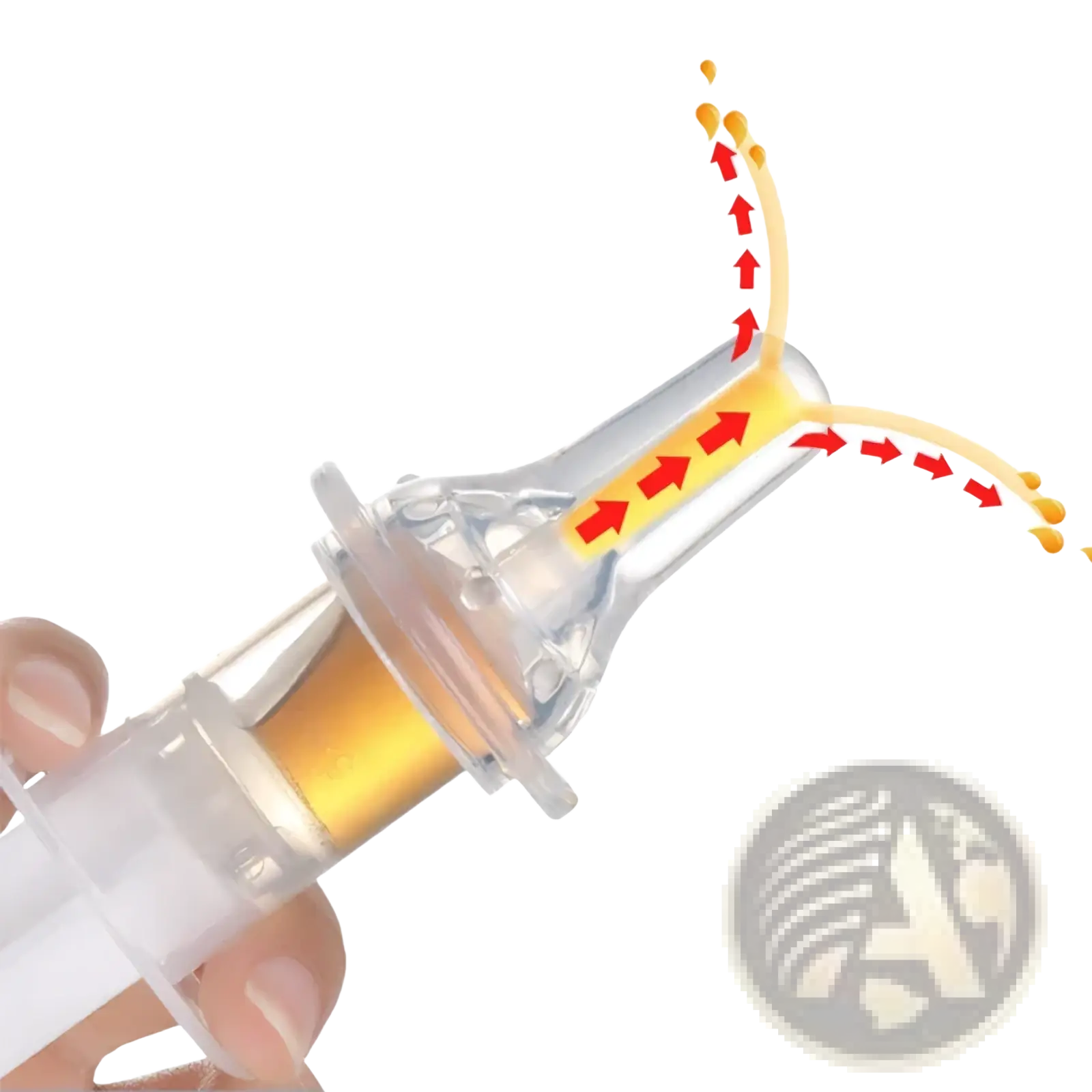 Clear plastic baby medicine dispenser syringe dropper with transparent barrel and yellow liquid with red flow arrows