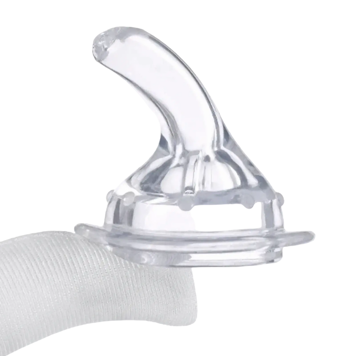 Clear silicone baby medicine dispenser syringe dropper nipple with curved spout and textured base visible