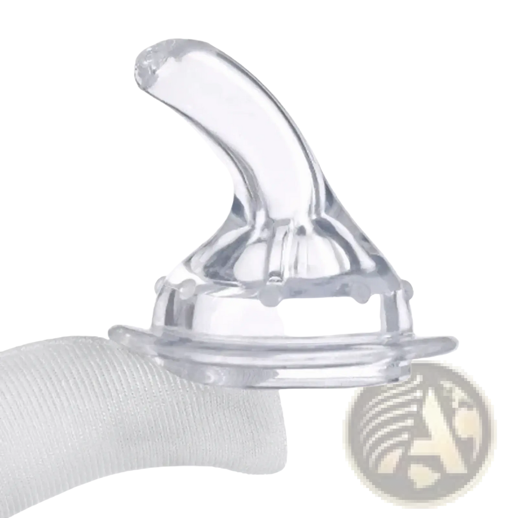 Clear silicone baby medicine dispenser syringe dropper nipple with curved spout and textured base visible