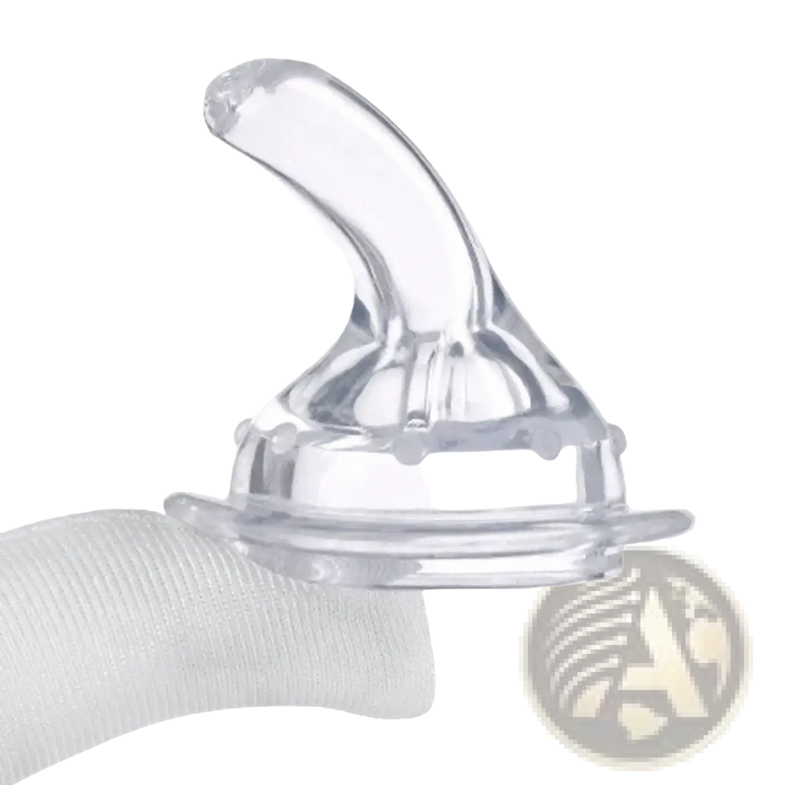 Clear silicone baby medicine dispenser syringe dropper nipple with curved spout and textured base visible