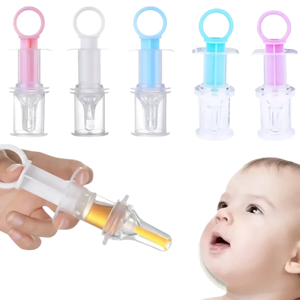 Baby medicine dispenser syringe dropper in pink and clear plastic with a soft silicone ring handle for easy use