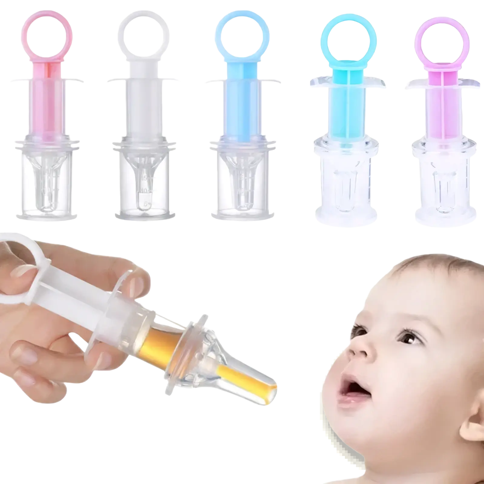 Baby medicine dispenser syringe dropper in pink and clear plastic with a soft silicone ring handle for easy use