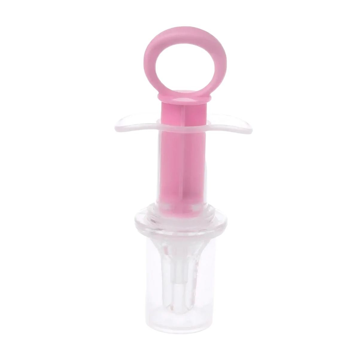 Baby medicine dispenser syringe dropper with pink plastic handle and clear transparent barrel for precise dosing