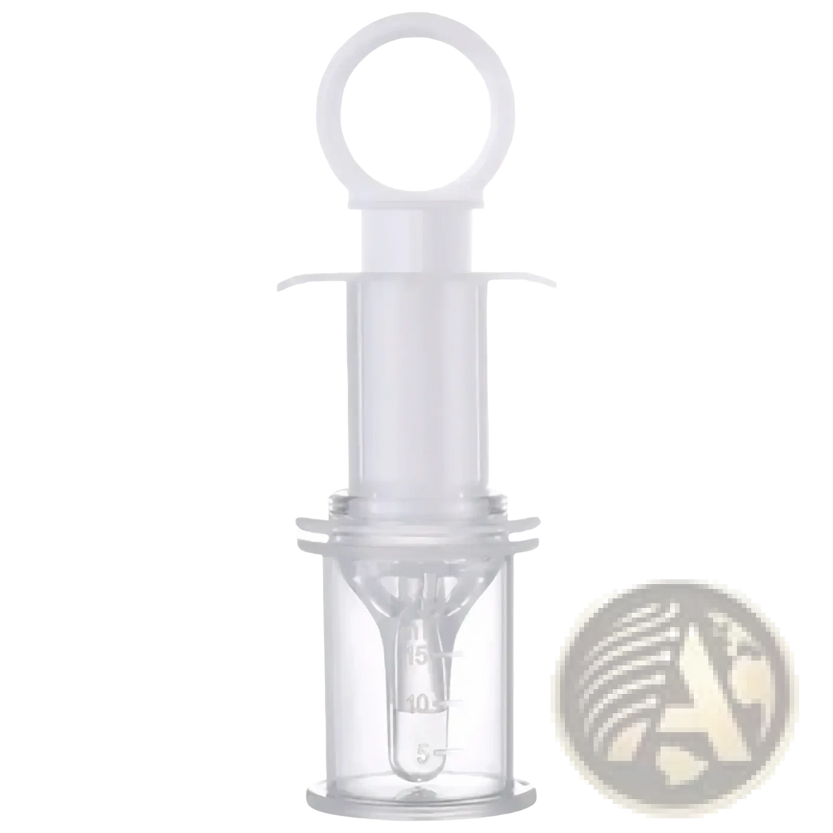 Clear plastic baby medicine dispenser syringe dropper with white handle and measurement markings for accurate dosing