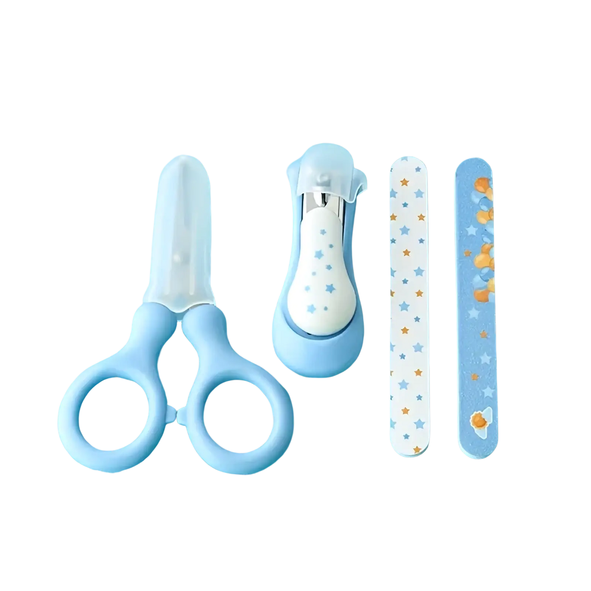 Blue baby nail care set 4-piece grooming kit with plastic handles featuring star and balloon decals for infant care