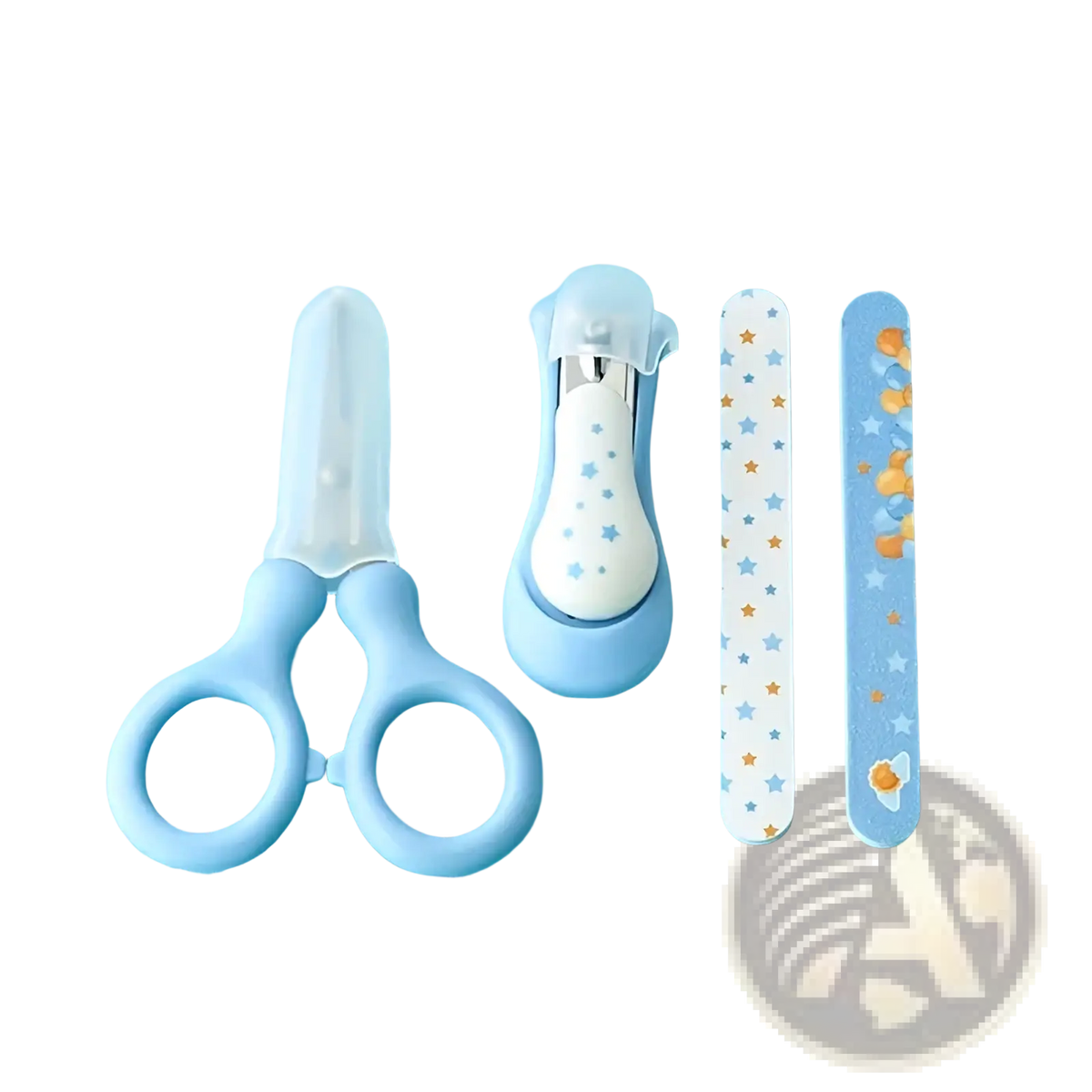 Blue baby nail care set 4-piece grooming kit with plastic handles featuring star and balloon decals for infant care
