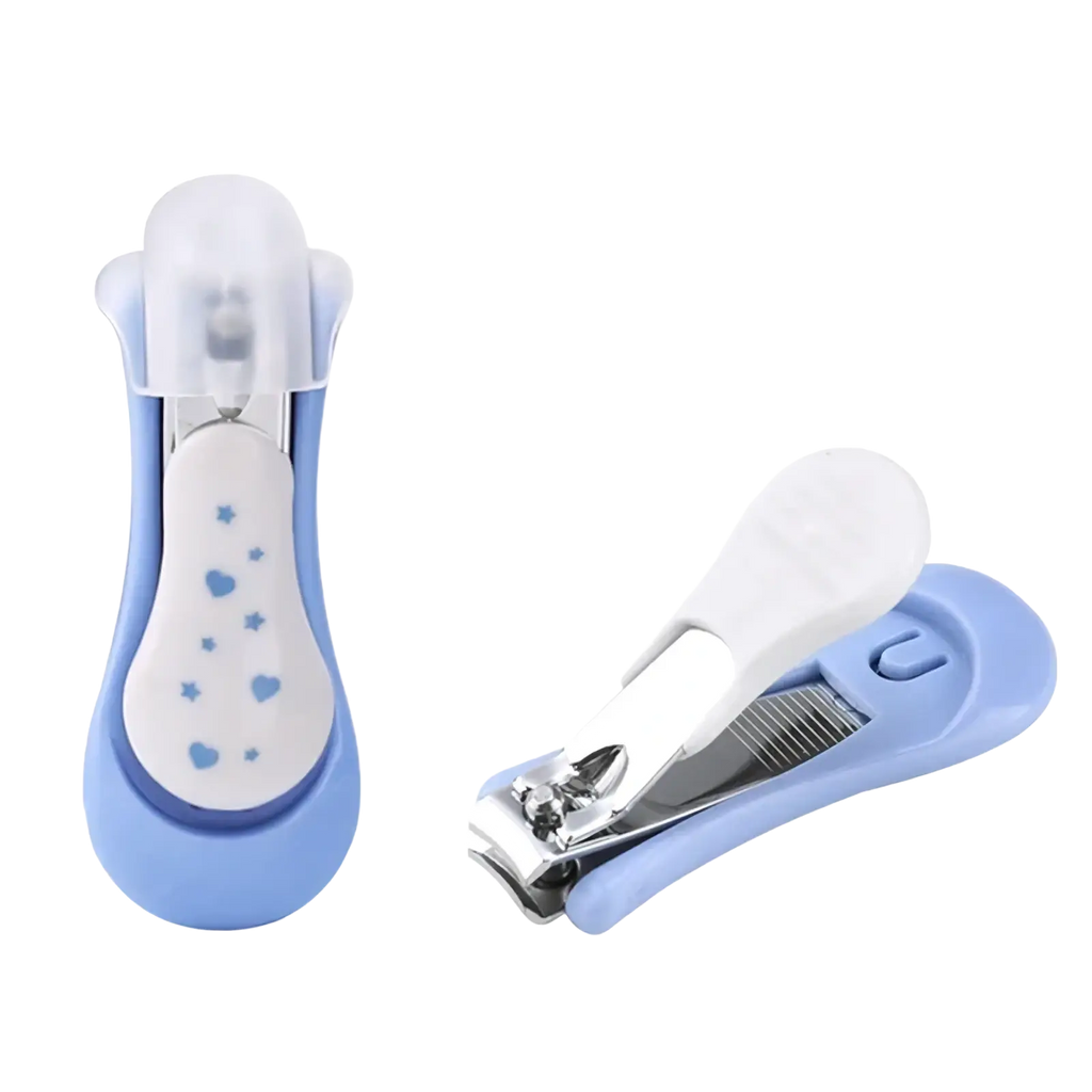 Blue and white baby nail clipper with heart and star decals in baby nail care set 4-piece grooming kit