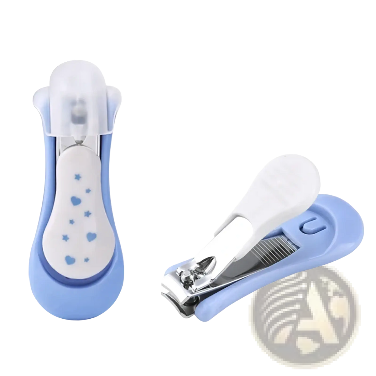 Blue and white baby nail clipper with heart and star decals in baby nail care set 4-piece grooming kit