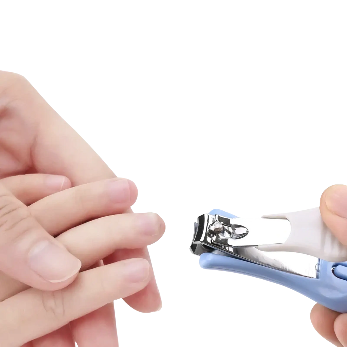 Light blue and white child-safe nail clipper with sleek ergonomic design in baby nail care set 4-piece grooming kit