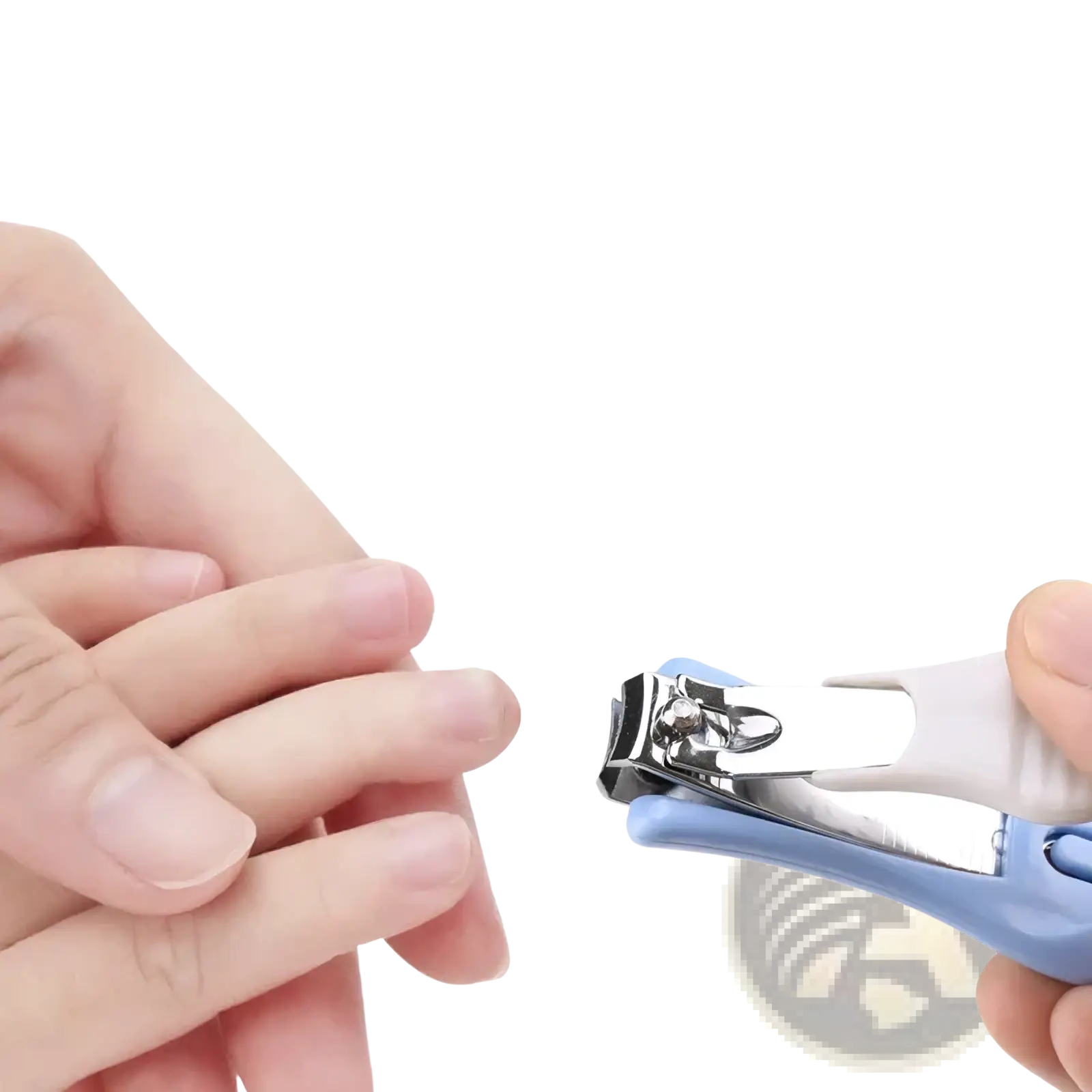 Light blue and white child-safe nail clipper with sleek ergonomic design in baby nail care set 4-piece grooming kit
