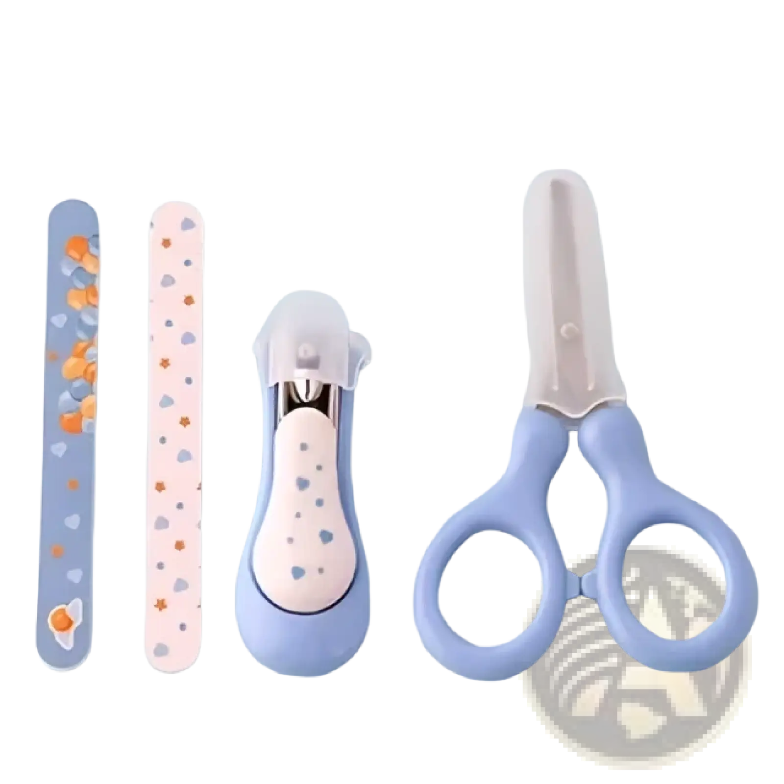 Baby nail care set 4-piece grooming kit with pastel blue and white heart-patterned files clipper and scissors