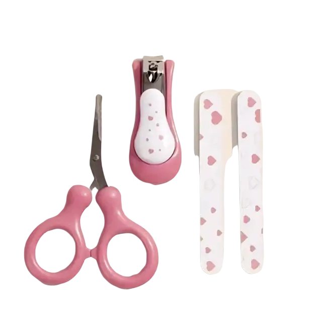 Baby nail care set 4-piece grooming kit with pink nail clipper scissors and heart-patterned nail files