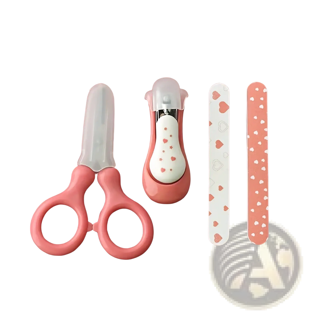 Baby nail care set 4-piece grooming kit with pink heart-patterned plastic handles and toddler nail tools