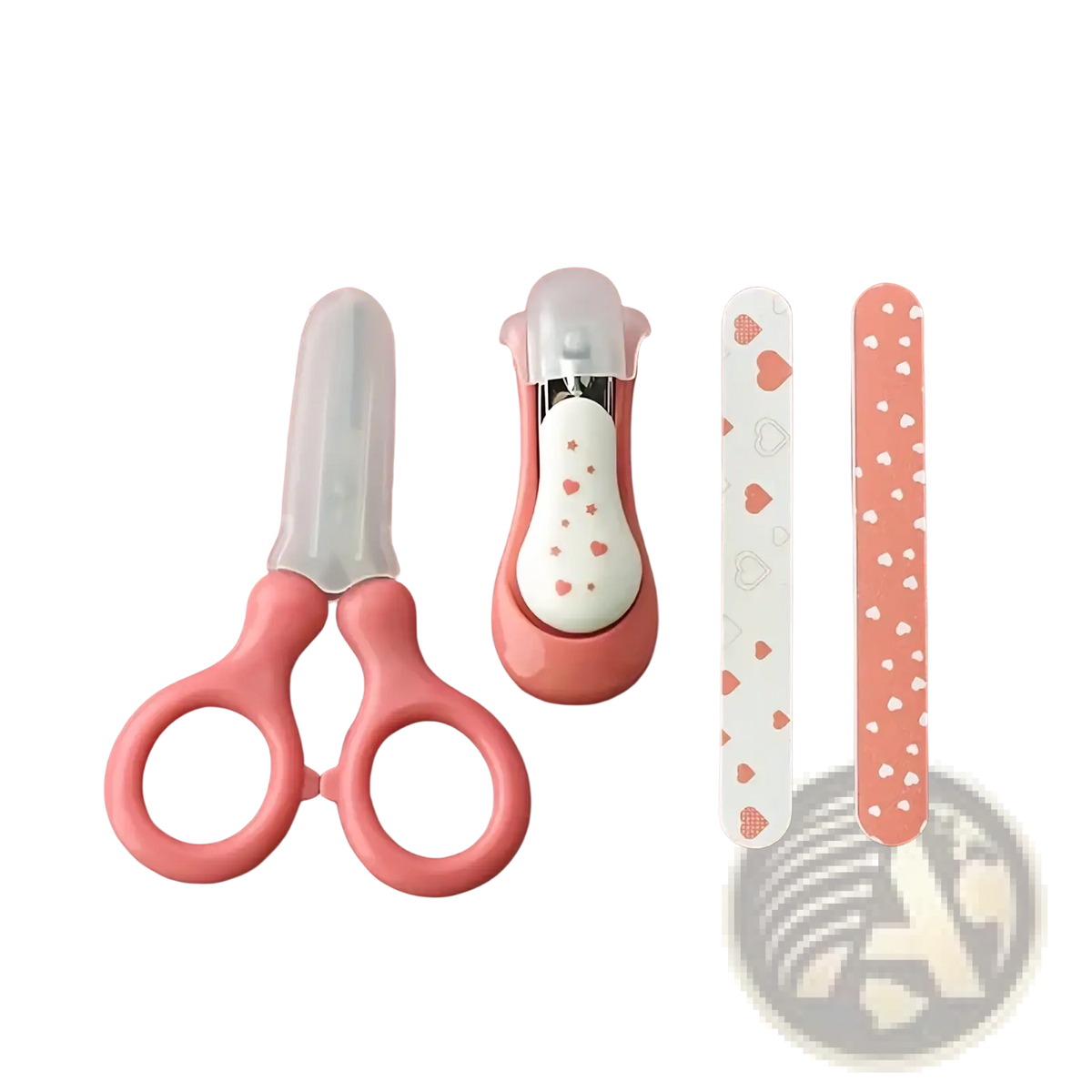 Baby nail care set 4-piece grooming kit with pink heart-patterned plastic handles and toddler nail tools