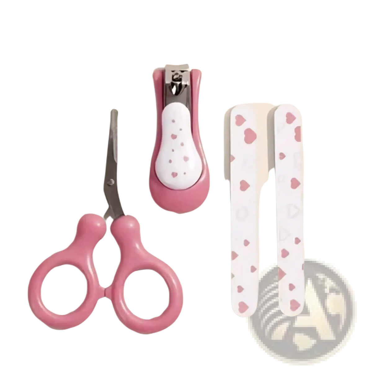 Baby nail care set 4-piece grooming kit with pink nail clipper scissors and heart-patterned nail files