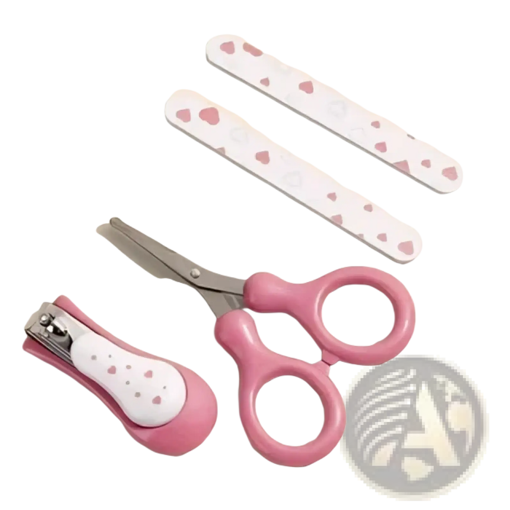 Baby nail care set 4-piece grooming kit with pink and white heart-patterned nail files scissors and clipper