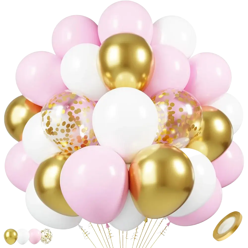 A baby pink and gold confetti balloon set featuring soft pink, shiny gold, and white balloons with glittery confetti interiors