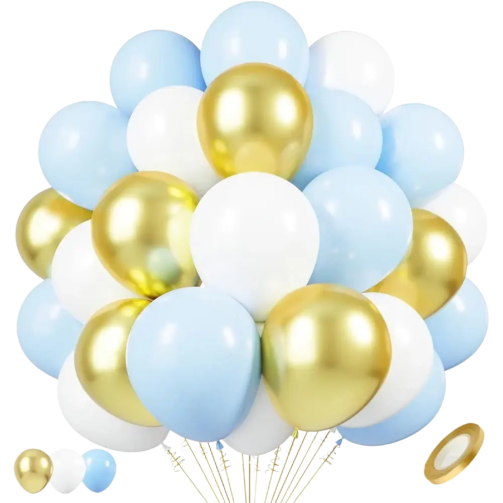 A baby pink and gold confetti balloon set featuring a cluster of light blue white and metallic gold balloons with ribbons