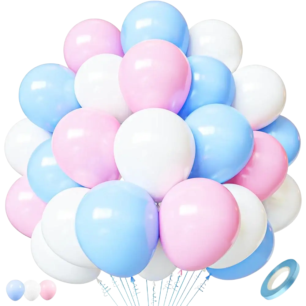 A cluster of pastel-colored latex balloons in baby pink light blue and white for baby pink and gold confetti set