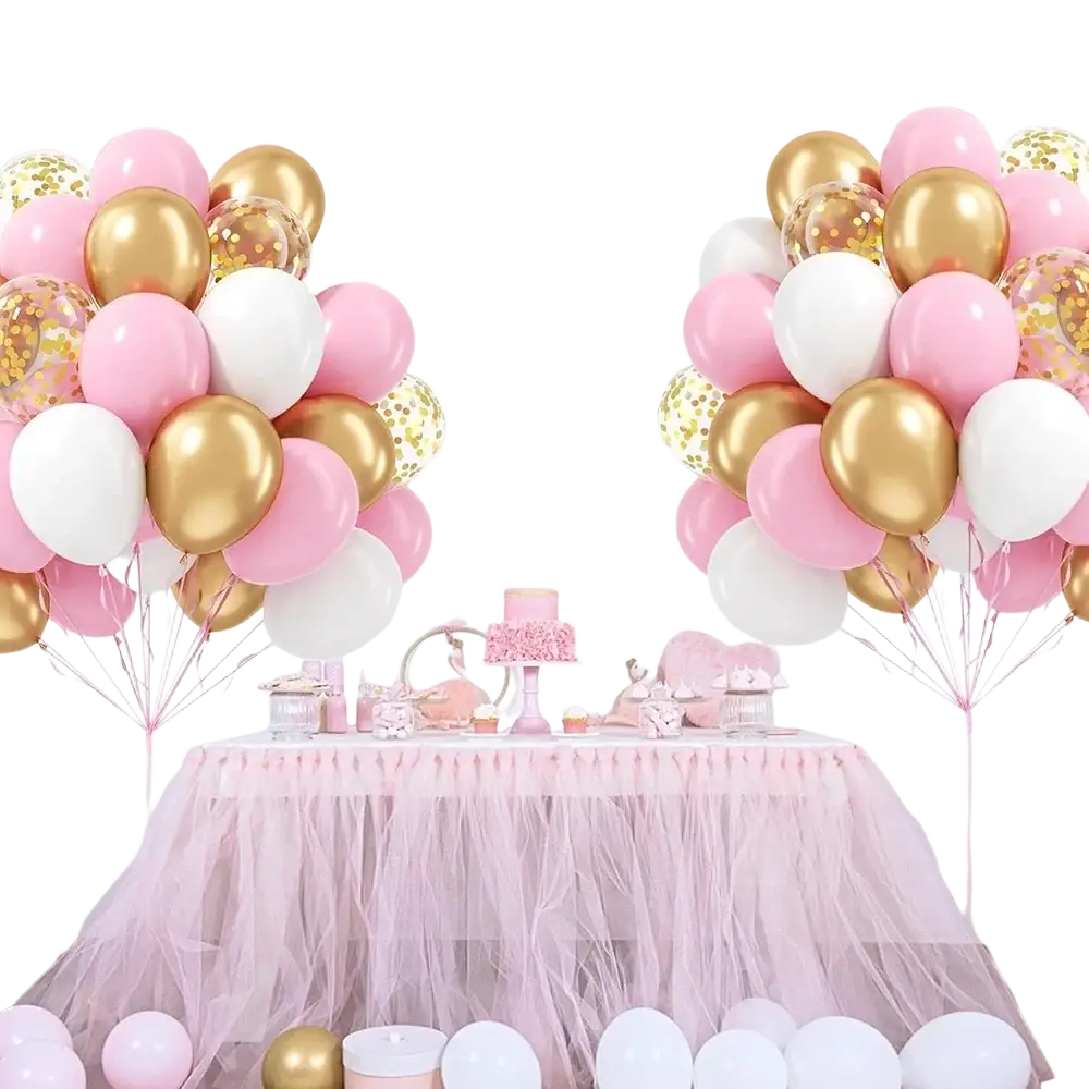 Baby pink and gold confetti balloon set with foil and glitter-filled clear balloons arranged in festive clusters