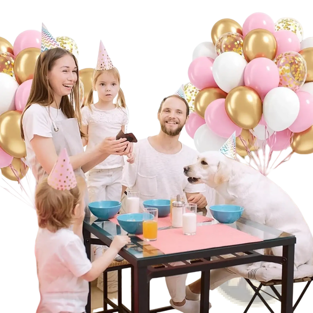 Baby pink and gold confetti balloon set featuring foil balloons arranged in clusters for a birthday celebration