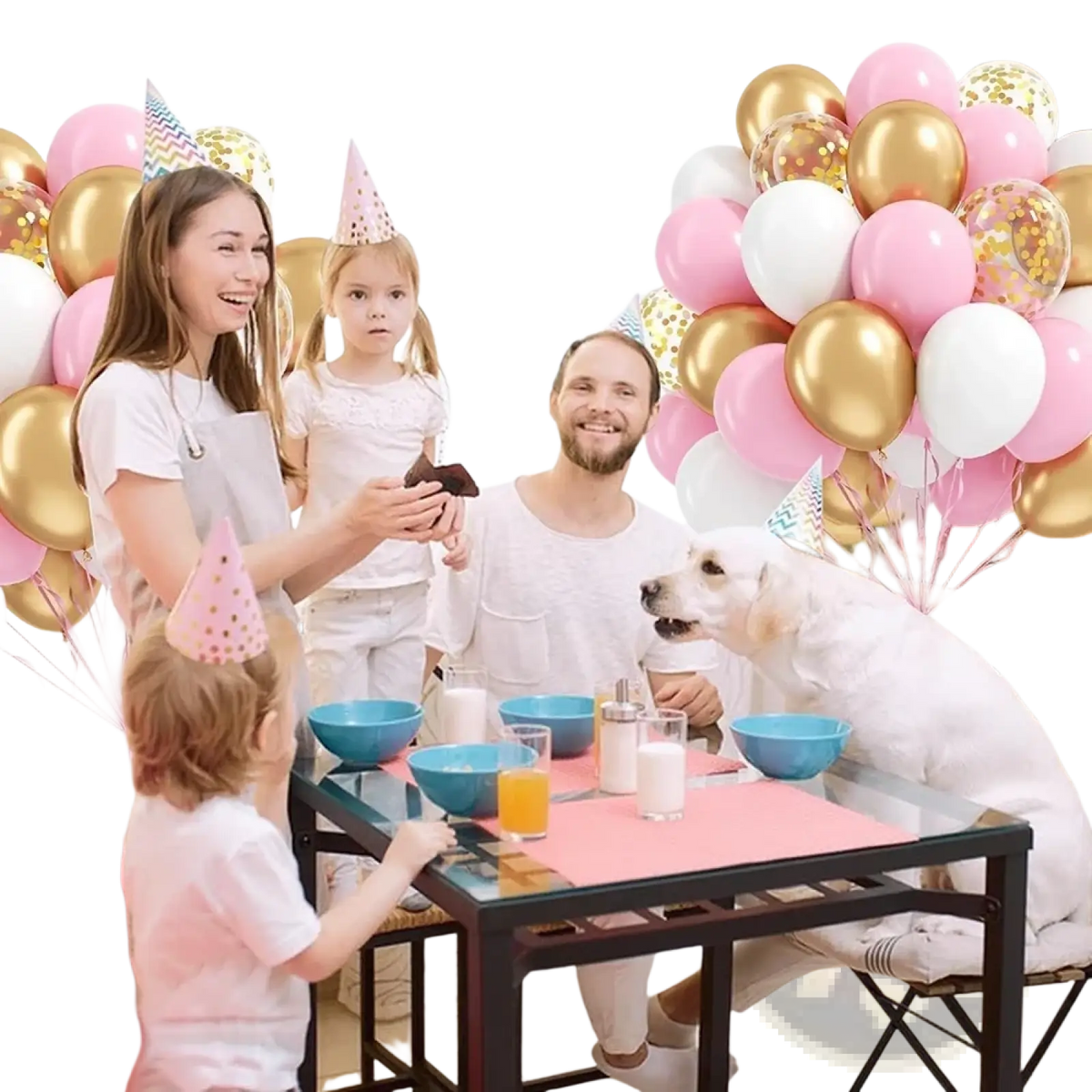 Baby pink and gold confetti balloon set featuring foil balloons arranged in clusters for a birthday celebration