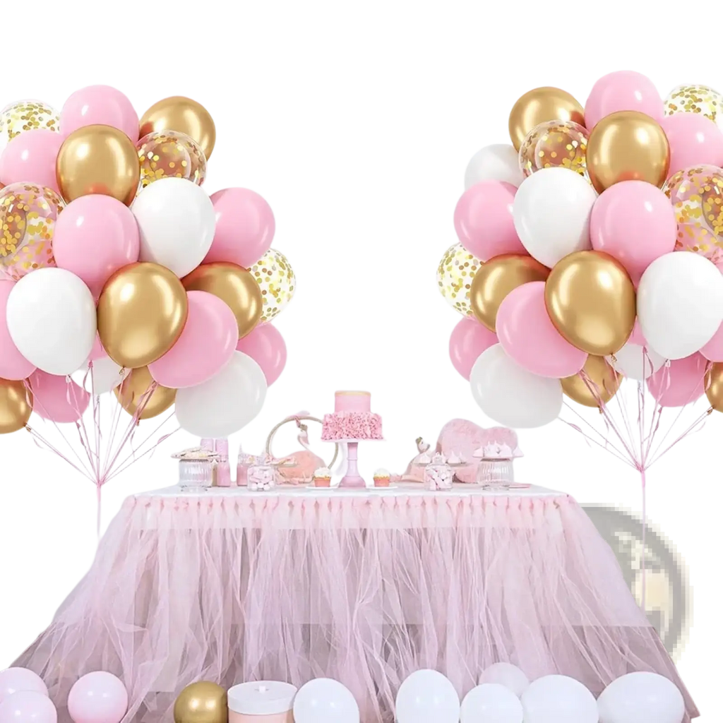 Baby pink and gold confetti balloon set with foil and glitter-filled clear balloons arranged in festive clusters