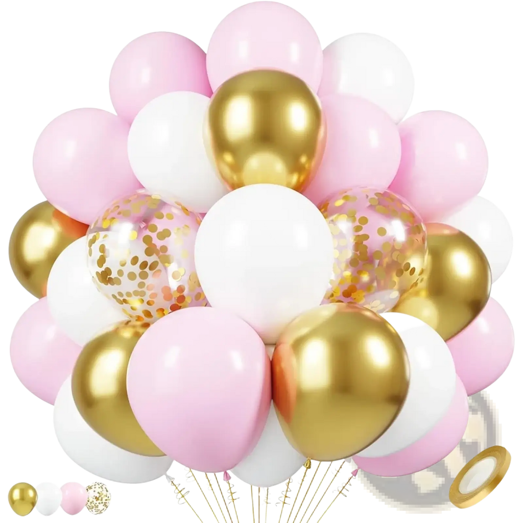 A baby pink and gold confetti balloon set featuring soft pink, shiny gold, and white balloons with glittery confetti interiors