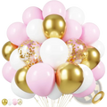 A baby pink and gold confetti balloon set featuring soft pink, shiny gold, and white balloons with glittery confetti interiors
