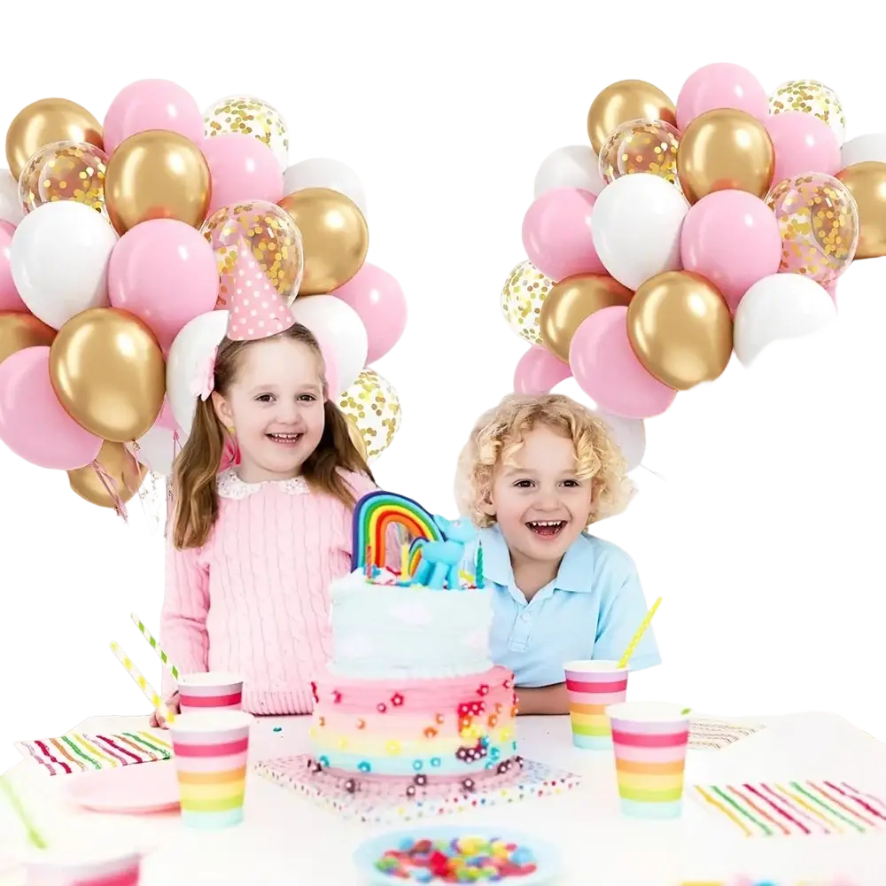 Pastel rainbow tiered birthday cake with colorful sprinkles and rainbow-shaped topper with baby pink and gold confetti balloons