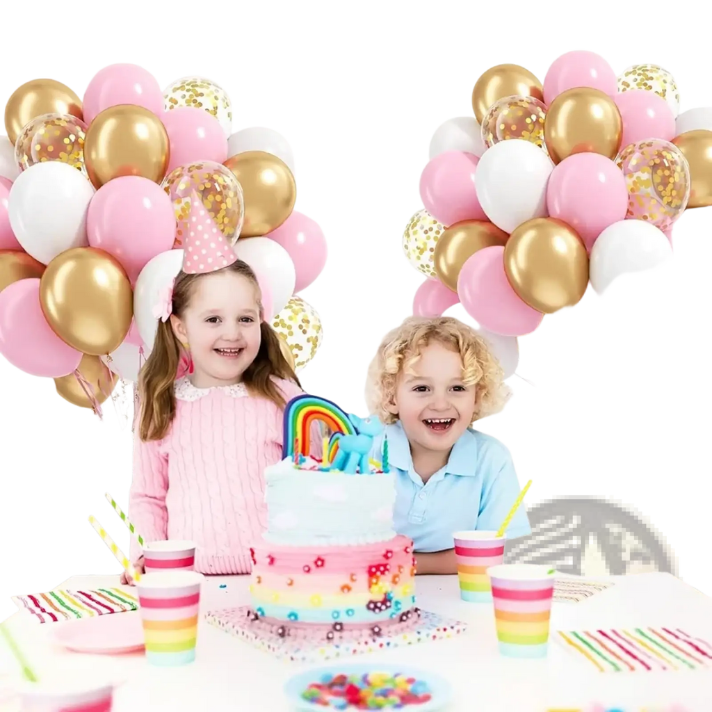 Pastel rainbow tiered birthday cake with colorful sprinkles and rainbow-shaped topper with baby pink and gold confetti balloons
