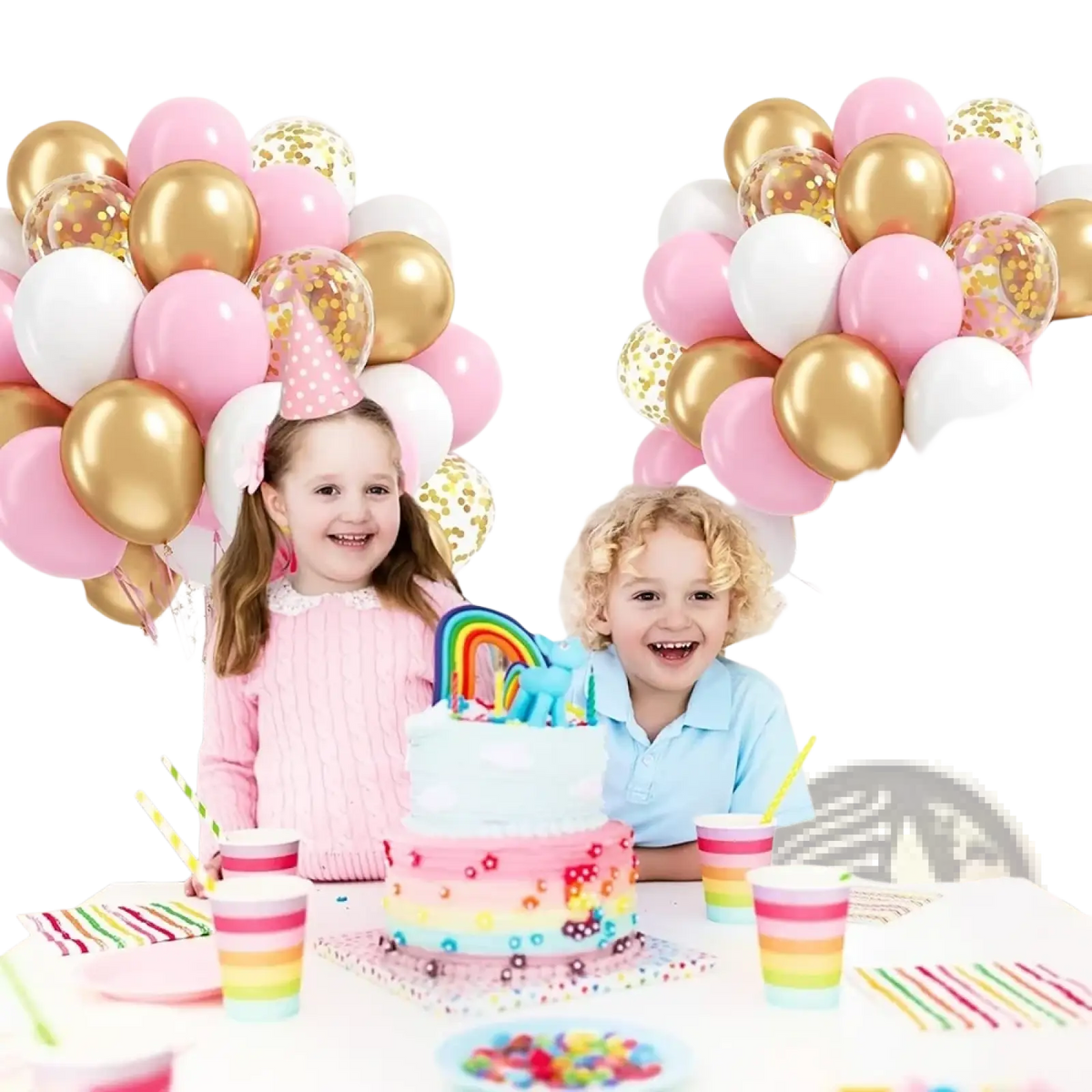 Pastel rainbow tiered birthday cake with colorful sprinkles and rainbow-shaped topper with baby pink and gold confetti balloons