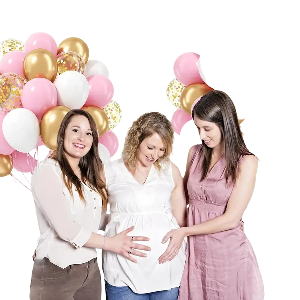 Baby pink and gold confetti balloon set featuring pink gold and white balloons with glittery accents festive backdrop
