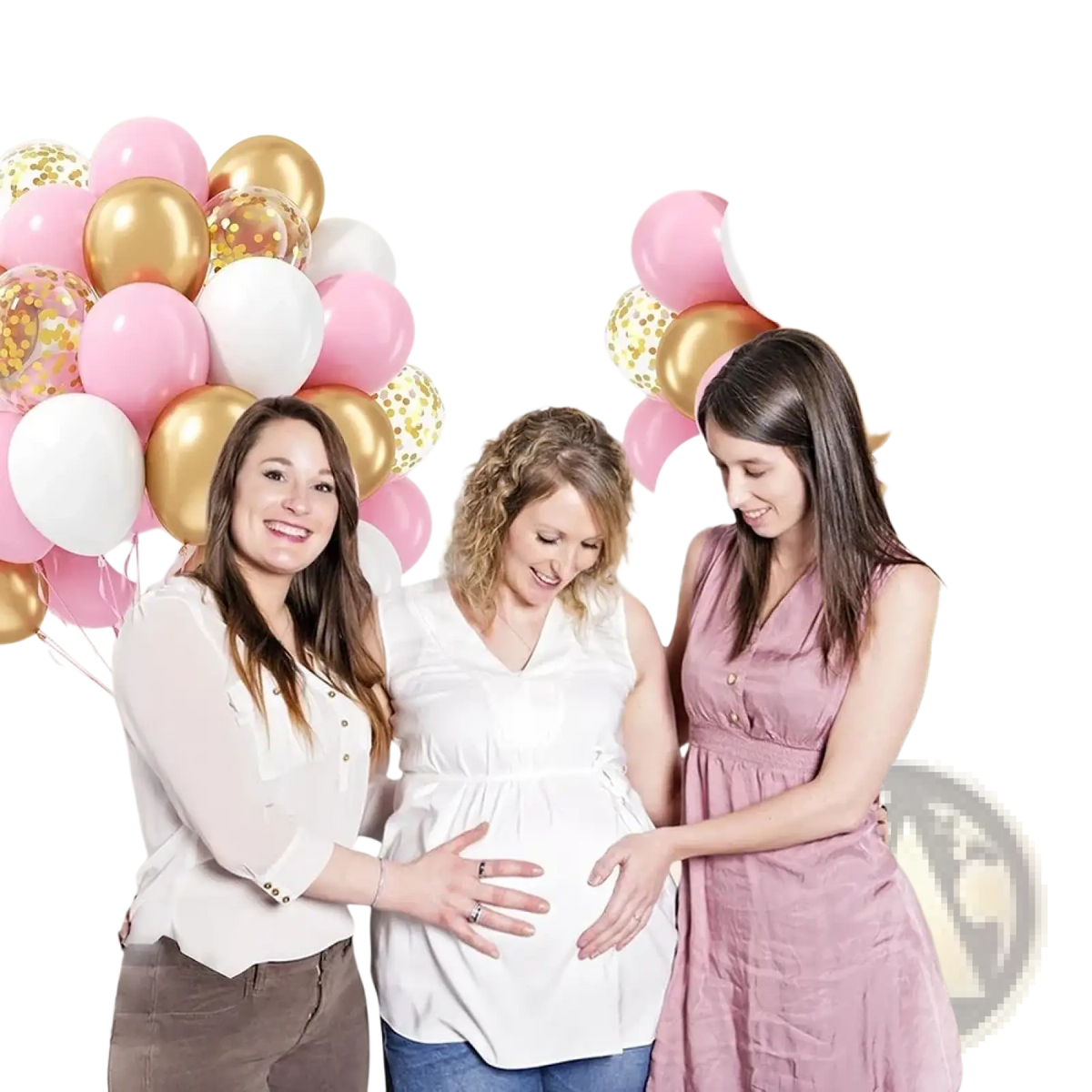 Baby pink and gold confetti balloon set featuring pink gold and white balloons with glittery accents festive backdrop