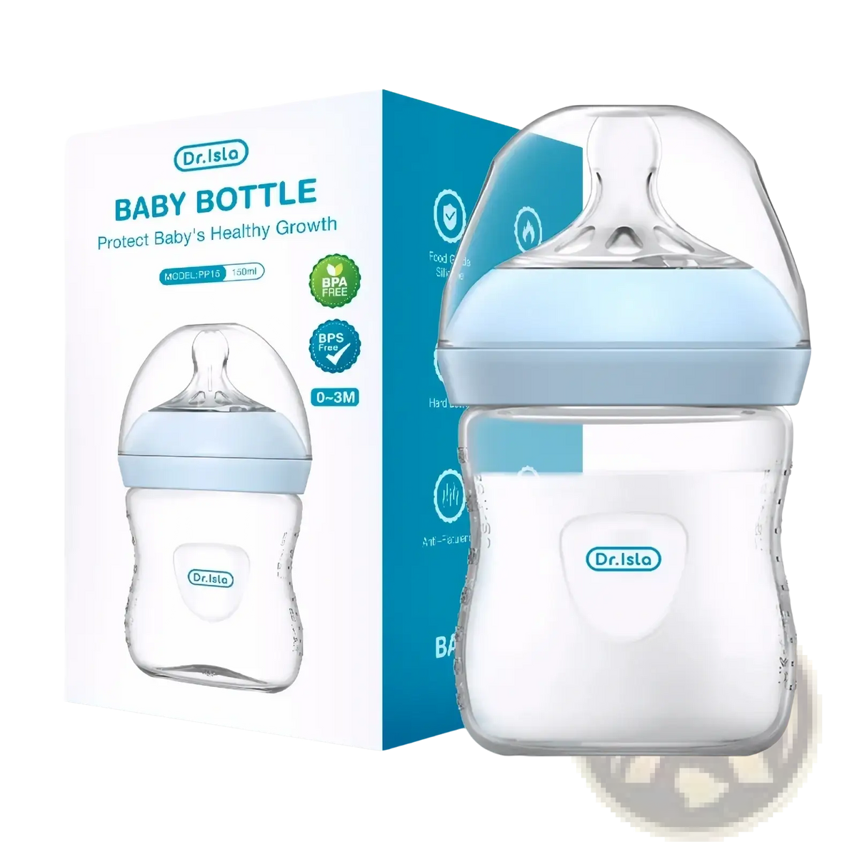 Clear glass baby pp bottle with light blue silicone nipple and base bpa free featuring dr with handle 150 330ml capacity