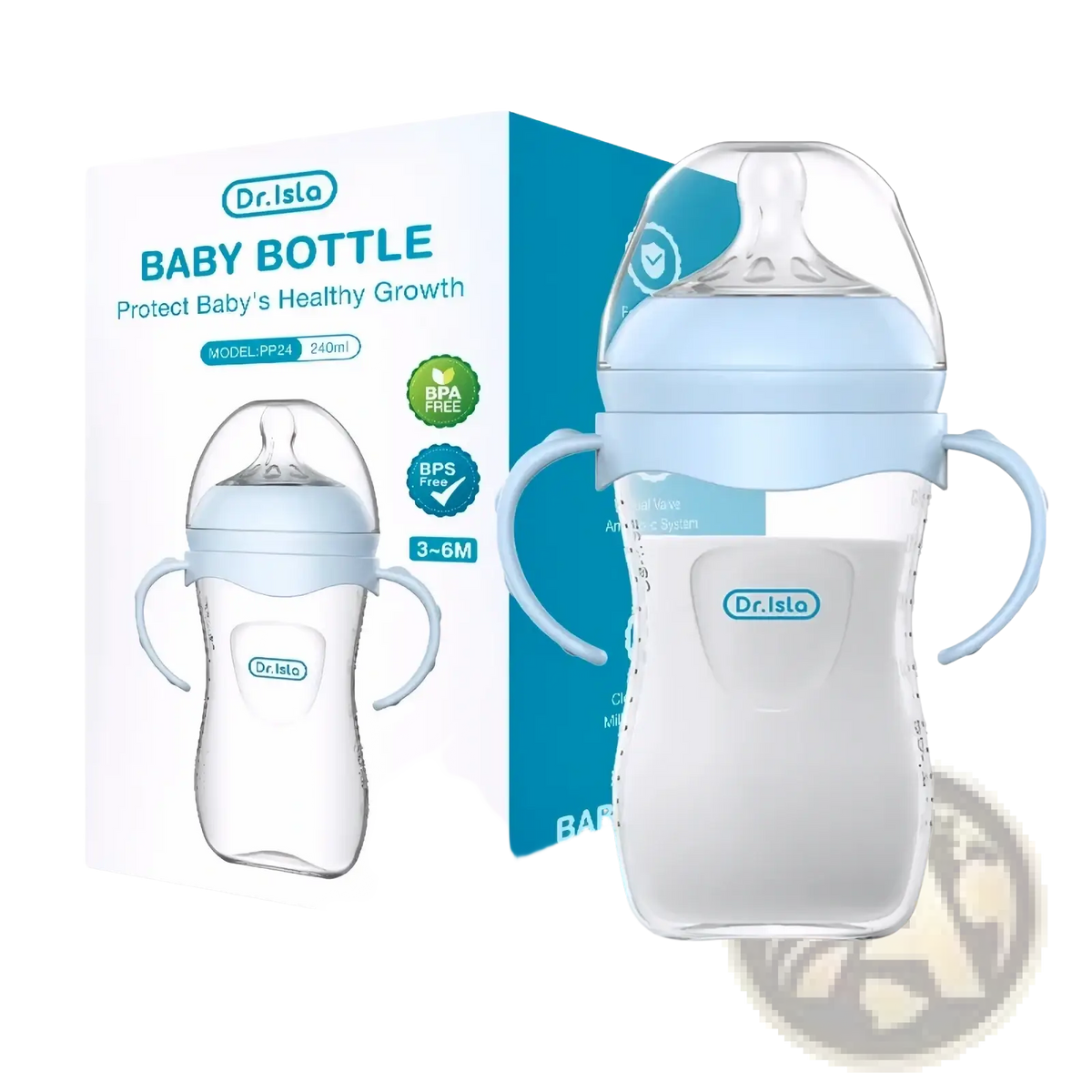 Light blue and clear baby PP bottle with soft handles BPA free available in 150 and 330ml sizes