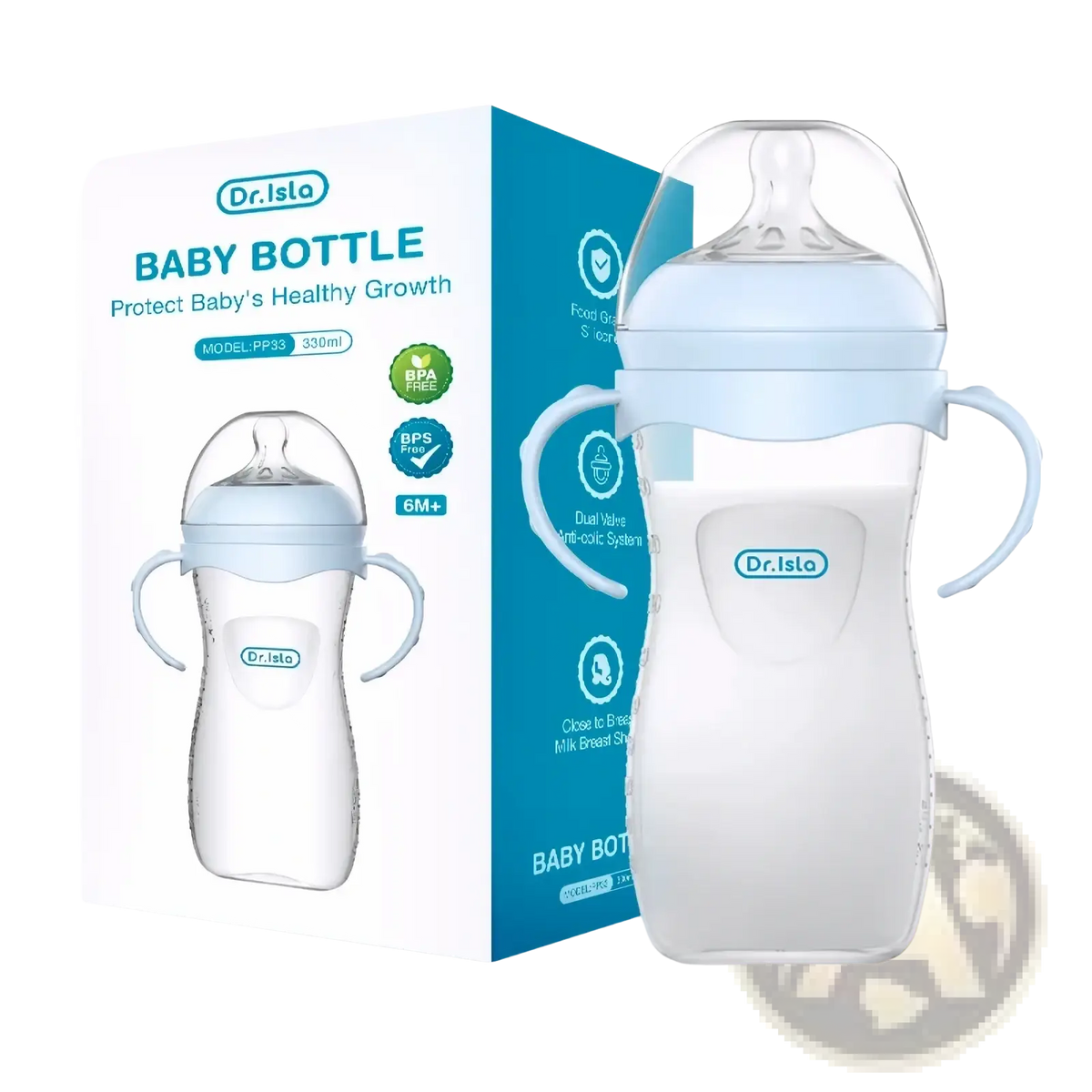 Clear glass baby bottle with light blue silicone lid and handles BPA free suitable for infant feeding