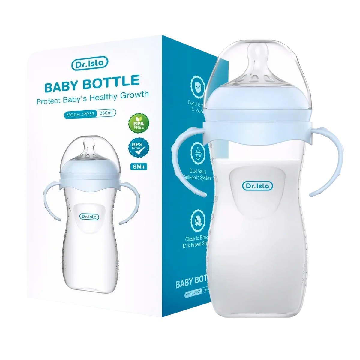 Clear glass baby bottle with light blue silicone lid and handles BPA free suitable for infant feeding