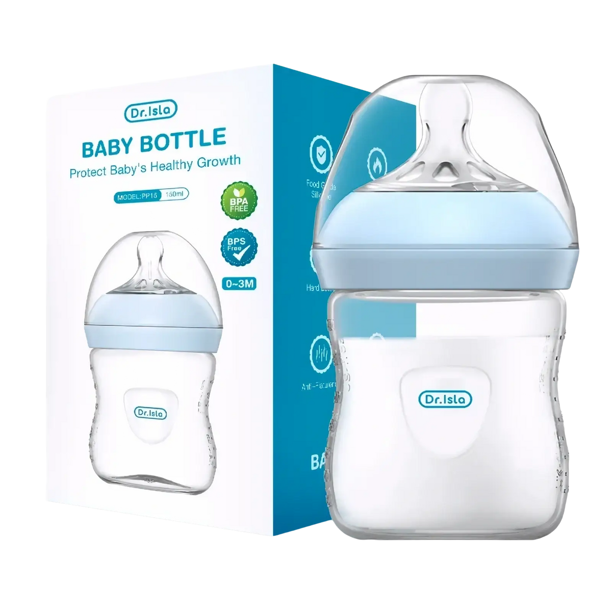 Clear glass baby pp bottle with light blue silicone nipple and base bpa free featuring dr with handle 150 330ml capacity