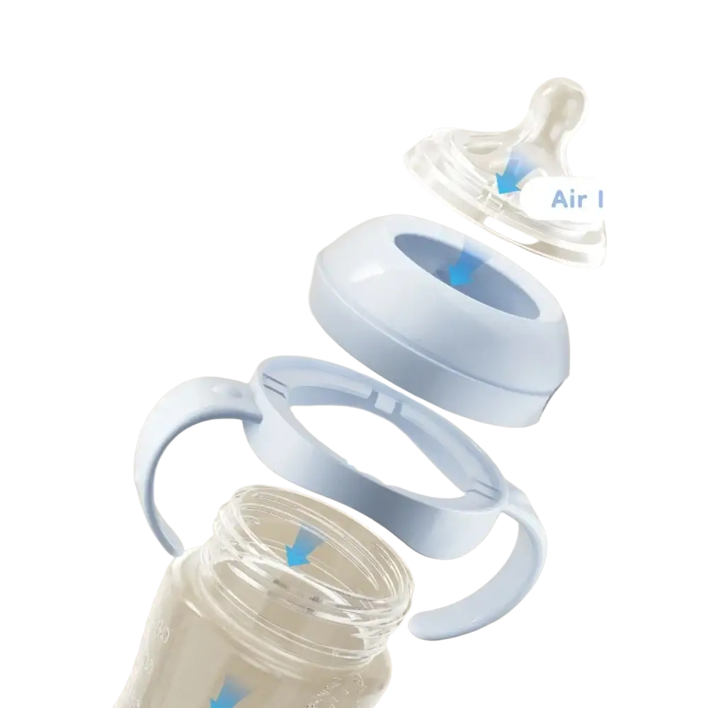 Clear glass baby pp bottle with light blue handle and anti-flatulence system for gas-liquid separation bpa free