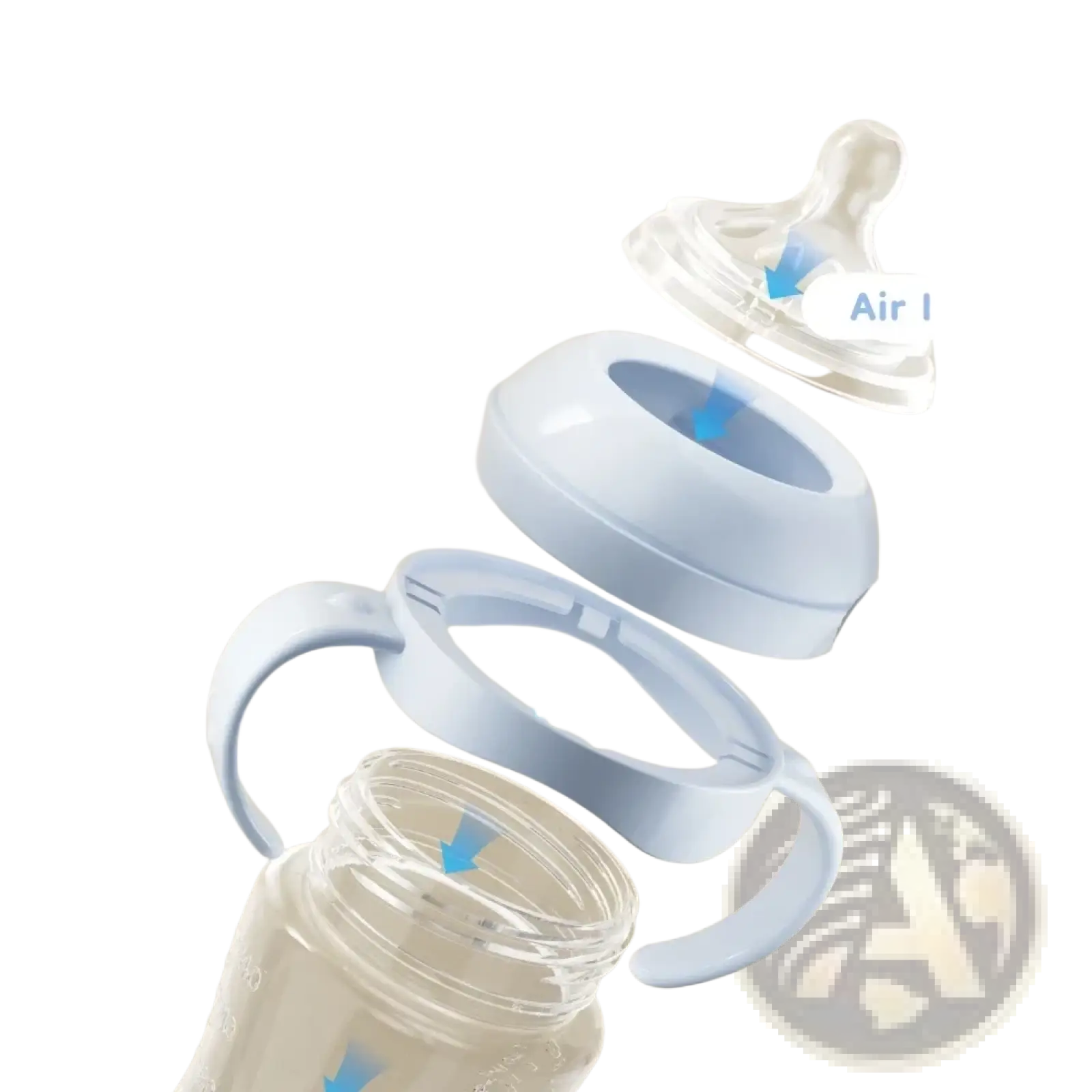 Clear glass baby pp bottle with light blue handle and anti-flatulence system for gas-liquid separation bpa free