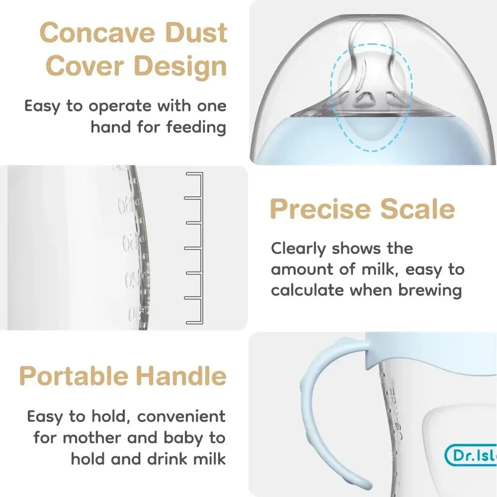 Clear plastic baby PP bottle with light blue handle and translucent nipple featuring measurement markings, BPA free